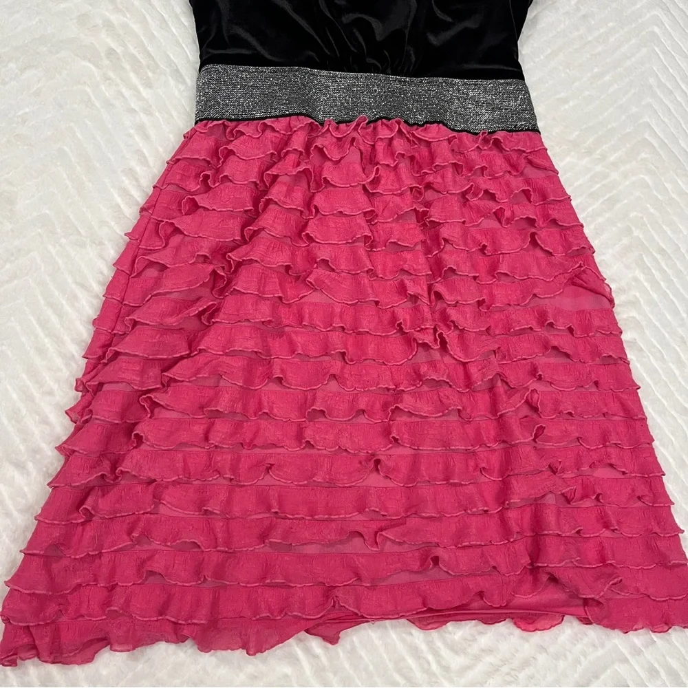 Jona‎ Michelle Velvet Black Pink Tiered Ruffle Dress size 8 girls semi formal